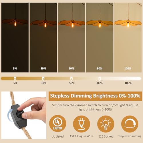 Bamboo Plug in Pendant Light, 24 Inch Flower Handwoven Rattan Lampshade Stepless Dimmable Boho Chandelier, 11.3 ft Plug in Hanging Lamp for Hallway Kitchen Island Dining Room Bedroom(Not Bulb)