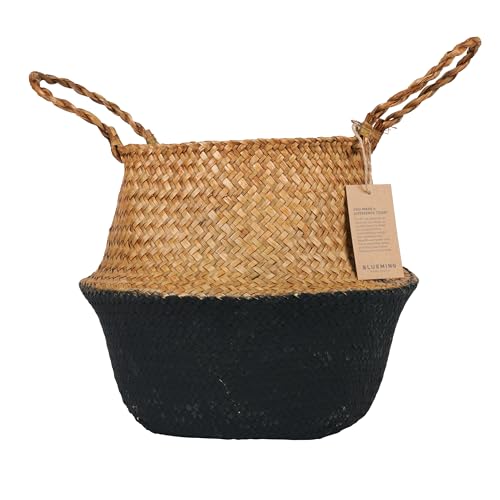Blueming Large Seagrass Planter Basket – Wicker Planter Pot for Olive Trees, Faux Plants, or Snake Plant, Woven Rattan Planters for Modern Home Decor (Black Bottom, Large) - color: Black Brown, size: Large