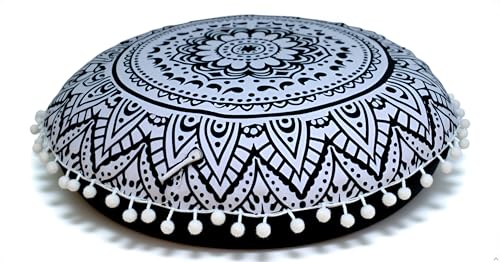ICC 32 Inch Floor Pillows & Cushion Covers, Decorative Hippie Mandala Pouf Pillow Cover Bohemian Seating Meditation Cushion Cover, Large Boho Ottoman Case Pillowcase for Couch Round (Black Flower) - size: 32" x 32" (Pack of 1), style: Black Flower