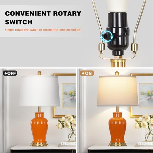 Ruzectt Orange Ceramic Lamps Set of 2, 23" Modern Table Lamps for Living Room, Stylish Bedroom Ginger Jar Lamps, Elegant Bedside Lamp for Night Stand Desk Side End Table Home Decor(Bulbs Included) - color: Orange