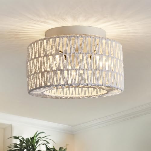 Rattan Light Fixtures Ceiling Mount, 3-Lights Boho Flush Mount Ceiling Light, Hand-Woven Cage Shade Lamp Lighting, Rustic Rattan Chandelier for Hallway Bedroom Kitchen Farmhouse Foyer Entryway (White) - color: White, size: Small