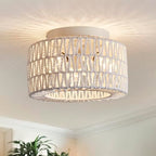 Rattan Light Fixtures Ceiling Mount, 3-Lights Boho Flush Mount Ceiling Light, Hand-Woven Cage Shade Lamp Lighting, Rustic Rattan Chandelier for Hallway Bedroom Kitchen Farmhouse Foyer Entryway (White) - color: White, size: Small