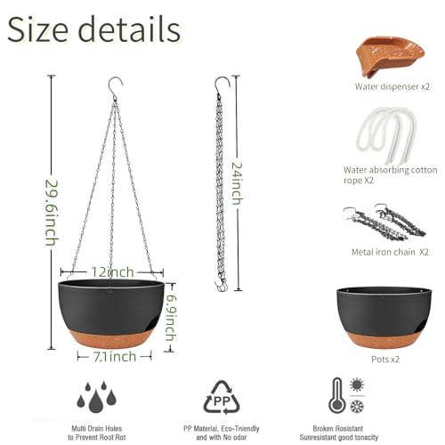 12 Inch Self Watering Hanging Planters 2 Pack, Indoor Outdoor Hanging Pots for Plants with Drainage Holes & Saucers, Black Brown Plastic Hanging Baskets for Kitchen Balcony Garden - color: Black Brown