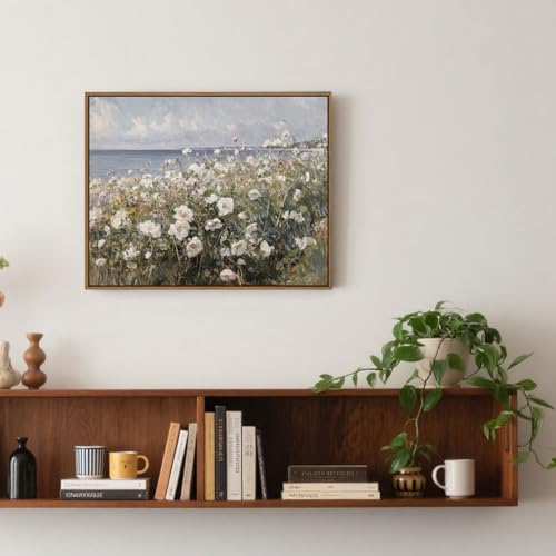 Framed Landscape Wall Art Blue Ocean Theme White Flower Pictures Wall Decor Abstract Floral Painting Prints Modern Seascape Artwork for Living Room Bedroom Bathroom Home Office Decoration, 8x10 Inch - color: Blue Ocean White Flower, size: 10"L x 8"W