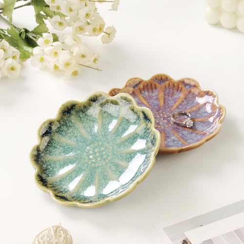 Lotus Ring Holder Dish Small Indoor Ash Tray, Ceramic Dessert Plate Trinket Jewelry Holder Organizing Necklace Earrings for Parents Friends Sister, Deep Green. All Jewelries Are NOT Included. - color: Crystal Green-Round