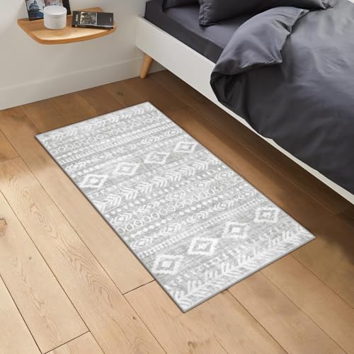 Lahome Moroccan Entryway Rug 2x4, Non Slip Washable Rubber Backing Mat, Boho Grey Tribal Print Retro Bedside Rugs, Low Pile Soft Indoor Small Throw Carpet for Front Door Bathroom Bedroom Varena - color: Grey/White, size: 2' x 4'