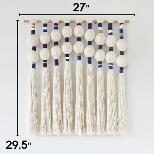 IOWER Macrame Wall Hanging Spherical Best Boho Wall Decor Fiber Handmade Cotton Rope Woven Decor with Tassels Aesthetic Handmade Woven Wall Art for Bedroom Living Room 27" W x 29.5" L - color: White and Blue
