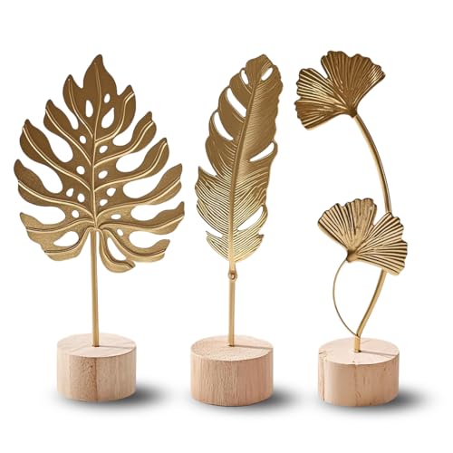 Gold Leaf Home Decor Set - Metal Leaves Statues, Modern Artistic Sculptures for Living Room, Office, Shelf & Home Decorative, Handmade 3D Botanical Accents (Monstera, Feather, Ginkgo, 3PCS) - color: Monstera, Feather, Ginkgo