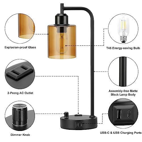 Industrial Bedside Lamps for Nightstand Set of 2 - Fully Dimmable Bedroom Lamps with USB A C Ports and Outlet, Black Table Lamps with Amber Glass Shade for Living Room, Desk Lamps for Office Reading - color: Amber