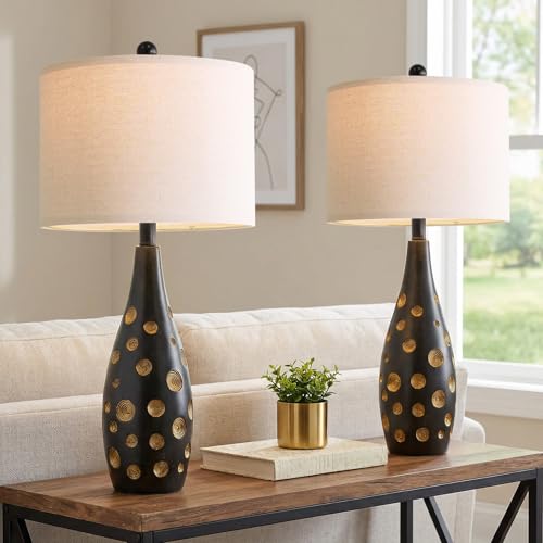 BOBOMOMO 26” Table Lamps Set of 2 for Living Room Bedroom, Modern Gold Accent Bedside Lamps with Linen Shade & Rotary Switch, Modern Farmhouse Nightstand Lamps for End Tables, Home Decor - size: 26"