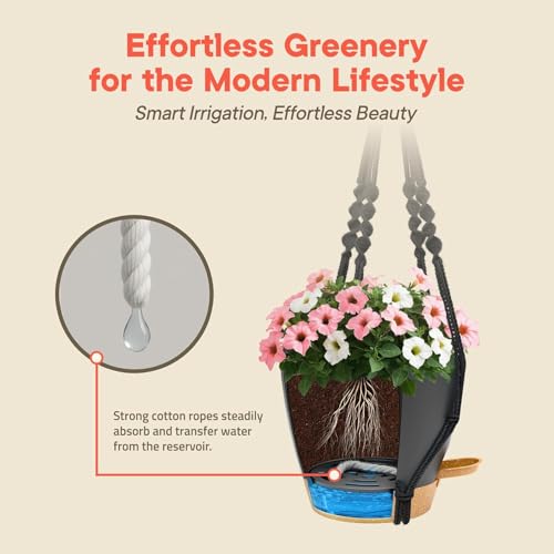 Black Hanging Self Watering Pots with Macrame Black Rope, 3 Pack Indoor & Outdoor Hanging Plant Pots with Built-in Reservoir, Wick Rope, Drainage Holes & Hooks, Stylish Boho Decor Hanging Planter - color: Black