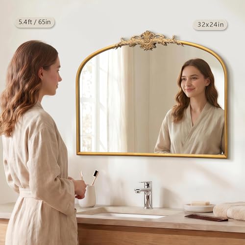 Besdomus Antique Arched Gold Mirror: 32"x24" French Large Gleaming Gold Antique Wall Mirror - Baroque Traditional Ornate for Fireplace/Bathroom/Bedroom - Ideal Gifts for Housewarming/Birthday - color: Gleaming Gold, size: 24"L x 32"W