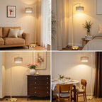Ambimall Arc Floor Lamp for Living Room with Remote, Color Temperature & Brightness Adjustable, Boho Standing Lamp with Rattan & Fabric Double Drum Shades, Bulb Included(Gold) - color: Gold Rustic