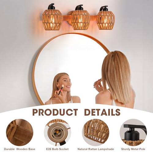 3-Light Rattan Vanity Light Fixtures,Bathroom Lighting Fixtures Over Mirror,Rustic Rattan Lampshade Wood Wall Light Boho Vanity Light Farmhouse Wall Sconces for Kitchen Stairs Bedroom - color: Drum shade