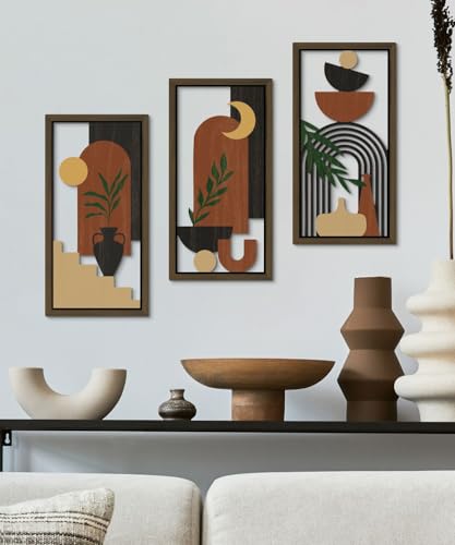 Putuo Decor Boho Wall Art Set of 3 Modern Minimalist Wooden Wall Decor Abstract Terracotta Room Decorations Mid Century Artwork for Living Room Bedroom Office in Terracotta Noir 16.5 x 8.6 Inch - color: Terracotta Noir