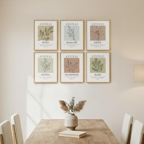 Framed Christian Bible Verse Neutral Wall Art, Minimalist Scripture Religious Canvas Prints, Faith Names of God Boho Botanical Leaf Artwork for Bedroom Living Room Office Hallway Wall Decor, 11x14 In - color: Muted Neutrals, size: 11" W x 14" H x 6Pcs