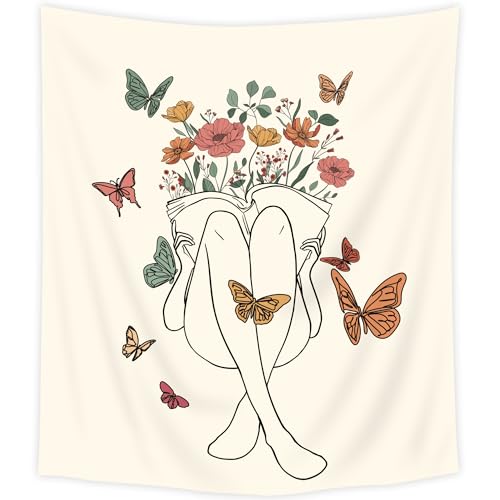 SVBright Abstract Woman Fabric Wall Hanging Tapestry 51Wx59H Inch Boho Butterfly Floral Reading Book Minimalist Aesthetic Modern Simple Line Sketch Beige Home Decor Art for Living Room Bedroom Dorm - color: Abstract Woman（Beige）, size: 59"L x 51"W