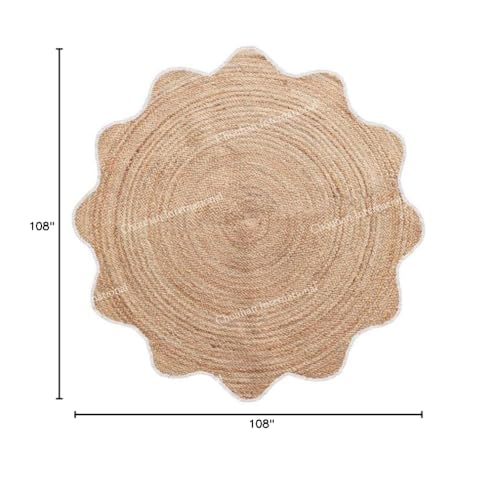 4x4, 5x5, 6x6,feet Natural Jute Scallop Round Rug, Floor Scalloped Edge Rug Braided Boho Eco Large Circular Handmade Area Rugs (D2) - color: White, size: 9' (Round)