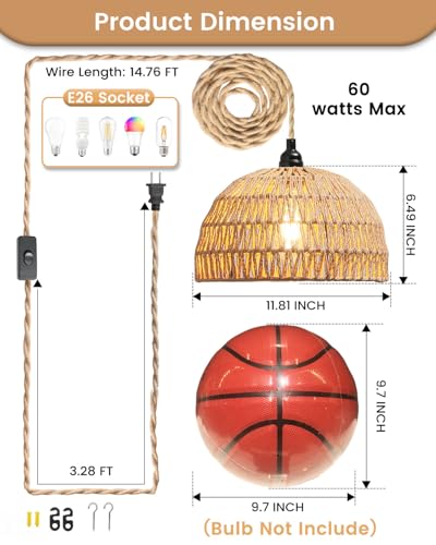 Rattan Hanging Lamp,Boho Pendant Lights,Plug in Cord Hanging Rattan Light,Plug Into Wall Outlet Pendant Light Fixture On/Off Switch for Living,Dinner Room,Bedroom,Kitchen,for E26,without Bulb - size: 11.81'' x 6.49''