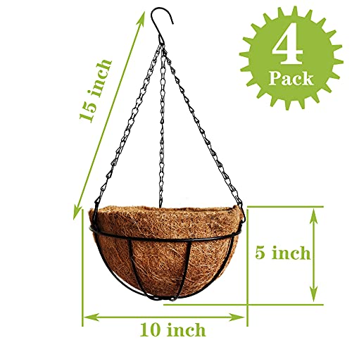 4 Pack 10 inch Metal Hanging Planters Basket with Coco Coir Liner Outdoor-Hanging Baskets for Plants Outdoor,Metal Wire Baskets with Window Box Planters, Hanging Flower Pots for Railings - size: 10 inch