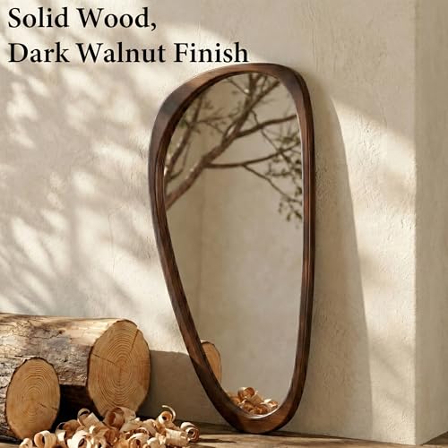 Solid Wood 48"x24" Large Full Length Irregular Mirror, Aesthetic Mid-Century Modern Statement Wall-Mounted Mirror, Modern Organic Asymmetrical Wooden Mirror, Dark Walnut - color: Dark Walnut, size: 48"L x 24"W