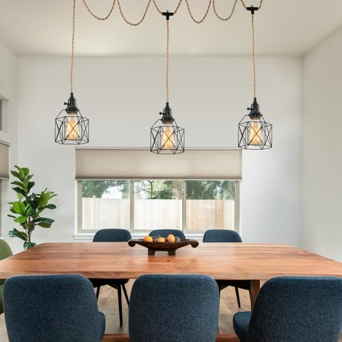 3-Light Hanging Light with Plug in Cord,Plug in Pendant Light Hemp Rope Pendant Lighting Vintage 3-Light Hanging Lamp Fixtures for Kitchen Island Living Room Bedroom - color: 3 Light Pendant Lights+Black Cage