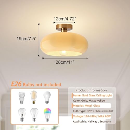 Gold Brass Flush Mount Ceiling Light Fixtures Mid Century Modern Ceiling Lights Brushed Milk Yellow Shade Glass Semi Flush Mount Light for Farmhouse Hallway Kitchen Sink Ceiling Lamp - color: Flush Milk yellow 2