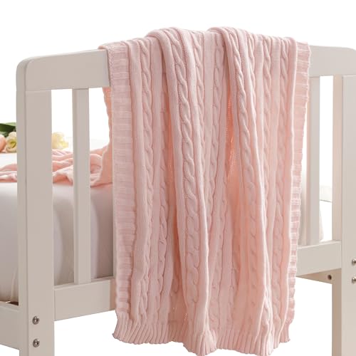 NTBAY 100% Pure Cotton Cable Knit Toddler Blanket, Super Soft Warm Breathable 30x40 Baby Blanket for Crib, Stroller, Nursery, Travel, Newborn, 30x40 Inches, Baby Pink - color: Baby Pink