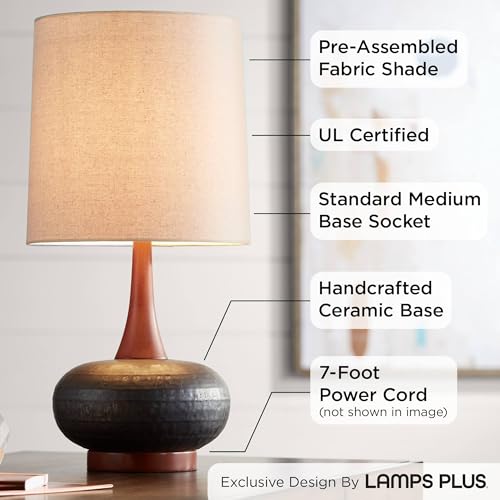 360 Lighting Andi Mid Century Modern Table Lamp 24.5" High Hammered Bronze Ceramic Wood Off White Tall Drum Shade for Living Room Bedroom House Bedside Nightstand Home Office (Color May Vary) - color: Wood and Dark Hammered Ceramic