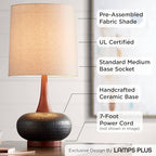 360 Lighting Andi Mid Century Modern Table Lamp 24.5" High Hammered Bronze Ceramic Wood Off White Tall Drum Shade for Living Room Bedroom House Bedside Nightstand Home Office (Color May Vary) - color: Wood and Dark Hammered Ceramic