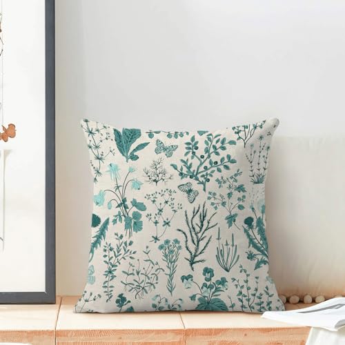 AEIOAE Summer Pillow Covers 16x16 Inch Set of 2,Teal Green Wild Flower Plant Throw Pillows Case,Seasonal Floral Outdoor Decorative Square Linen Farmhouse Decor Cushion Covers for Home Sofa Bed Couch - color: Teal Wild Floral, size: 16" x 16" (Pack of 2)