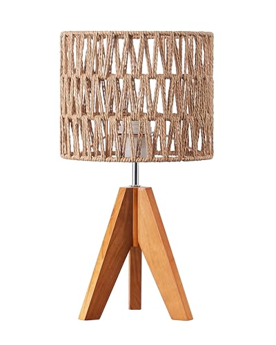 EDISHINE Small Table Lamp, Rattan Wood Tripod Bedside Lamp, Boho Nightstand Lamp for Living Room, End Table, Office, E26 Base, Natural Style - style: W-shaped Wave