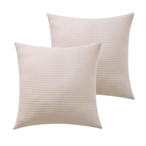 Shunjie.Home 100% Cotton Waffle Weave Throw Pillow Covers Set of 2, 600TC Solid Reverse Side, Hidden Zipper Closure, Skin-Friendly & Durable Decorative Euro Shams for Couch Sofa Bed, Khaki, 18"x18" - color: Khaki, size: 18" x 18" (Pack of 2)