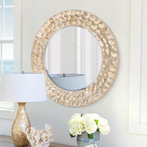 Round Shell Wall Mirror, 30'' Handmade Natural Capiz Shell Gold Framed Decorative Wall Mount Mirrors, Coastal Boho Circular Accent Mirror for Bathroom Bedroom Entryway Home Wall Decor - color: Gold, size: 30"L x 30"W