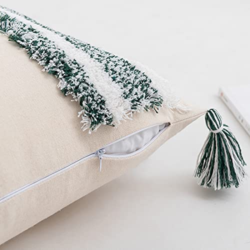 Boho Throw Pillow Cover Tufted Woven Decorative Pillowcase with Tassel Accent Square Farmhouse Stripe Cushion Cover for Sofa Bed Living Room (Green,18x18 Inch) - color: Green, size: 18" x 18" (Pack of 1)