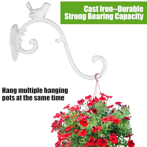 Moxweyeni 2 Pcs Cast Iron Plant Hangers Outdoor 10" Heavy Duty Hanging Basket Brackets Lovely Bird Shape Decorative Wall Hangers for Flower Pots Bird Feeder Wind Chime Lantern(White) - color: White