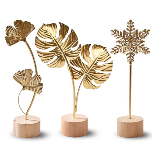 Gold Leaf Home Decor Set - Metal Leaves Statues, Modern Artistic Sculptures for Living Room, Office, Shelf & Home Decorative, Handmade 3D Botanical Accents (Monstera, Ginkgo, Snowflake, 3PCS) - color: Monstera, Ginkgo, Snowflake
