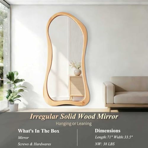 Irregular Full Length Mirror, 71"x33.5" Oversized Organic Floor Mirror with Solid Wood Frame, Asymmetrical Full Body Mirrors for Entryway Hallway Cloakroom Living Room, Leaning/Hanging - color: Natural Wood Frame, size: 71"L x 33.5"W