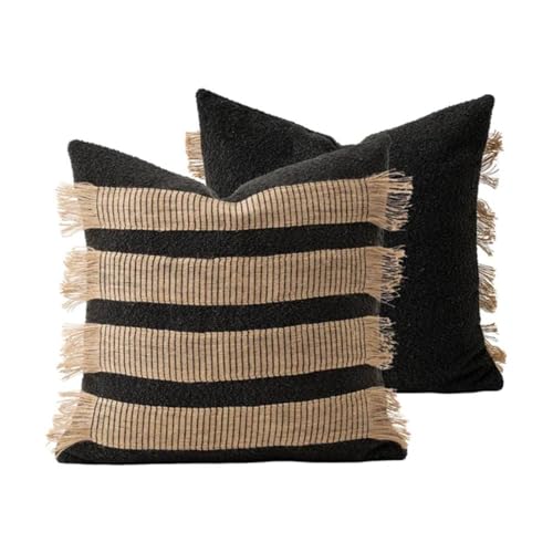 MOCOFO Handwoven Jute Cotton Striped Pillow Covers, Wabi Sabi Boho Farmhouse Decorative Throw Cushion Cover with Fringe, 18x18Inch (Cover Only) (Black/Natural, 18x18) - color: Black/Natural, size: 18" x 18" (Pack of 1)