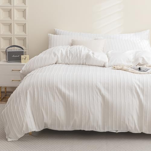 JELLYMONI Duvet Cover Queen Size White - 3PCS Boho Striped Duvet Cover Set Polyester Tufted Bohemian Textured Comforter Cover 90×90in with Corner Ties & Zipper and 2 Pillowcases - color: White - Stripe, size: Queen(90"×90")