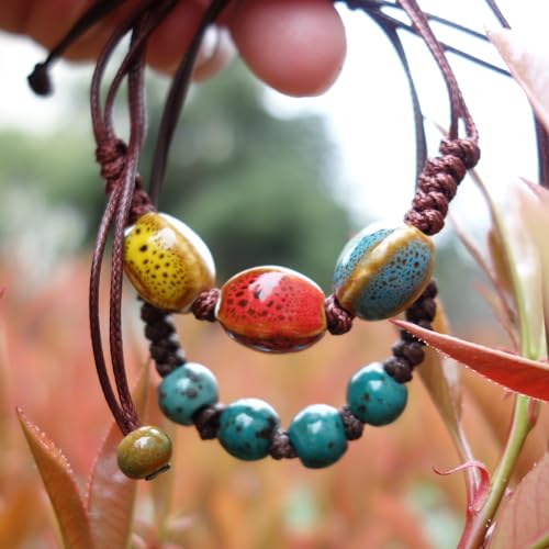 Handmade Green Boho Bracelets for Women, Bohemian Ceramic Beads Bracelets for Friends, Trendy Porcelain Stone Beaded Bracelets for Sisters - color: green and colorful