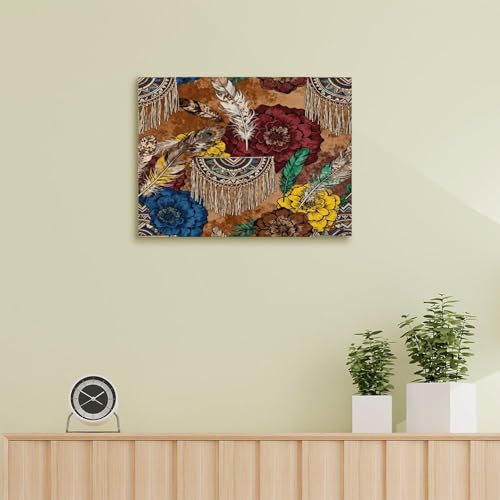 Boho Feather Fringe Art Wall Art Decor Framed 16x12 Inch, Wall Decor Poster for Bedroom Living Room Office Decor (Wooden Inner Frame) - size: 16"L x 12"W