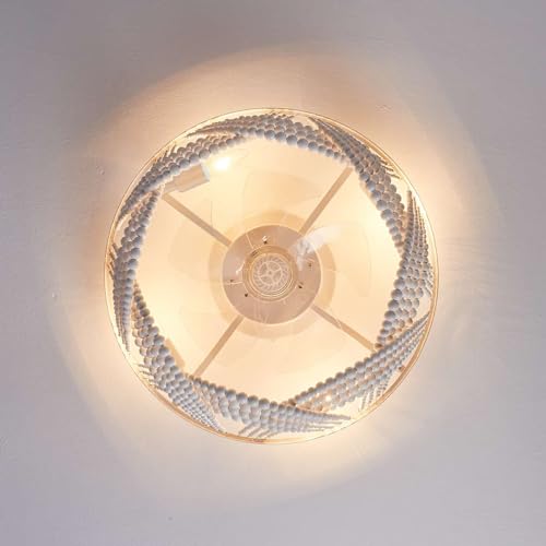 Boho Ceiling Fan with Lights Flush Mount,20 Inch Bohemia White Wood Bead Close to Ceiling Fan Light, 4 Lights Low Profile Enclosed Ceiling Fans with Remote Control for Bedroom Living Room Kitchen - color: White
