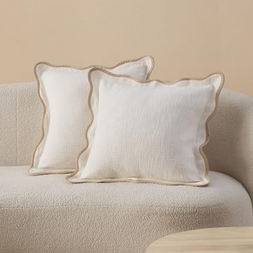 Double Stitch Scalloped Throw Pillow Covers - 100% Cotton Set of 2 Decorative Boho Pillow Covers 18 x 18, Made in India, Square Cushion Case, Modern Home Decor for Couch Sofa Living Room, Cream - color: Cream, size: 18" x 18" (Pack of 2)
