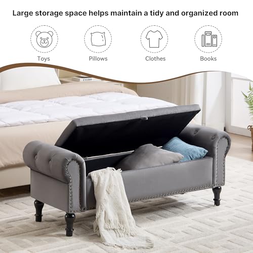 51" Storage Bench for Bedroom, Velvet End of Bed Bench, Queen Size Bench with Rolled Arms, Tufted Storage Ottoman Benches, Upholstered Bench for Bedroom, Living Room, Entryway, Grey - color: Grey, size: 51inch-velvet