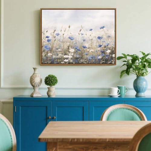 Vintage Floral Wall Art Blue White Flower Canvas Art Prints Wildflower Pictures Wall Decor Nature Landscape Oil Painting Framed Botanical Artwork for Girls Room Bedroom Farmhouse Decoration, 12''x16'' - color: Blue White Flower, size: 16"L x 12"W