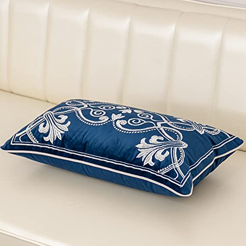 Aeckself European Floral Pillow Cover 12x20 Inch, Luxury Velvet Embroidered Decorative Lumbar Throw Pillow Cover for Couch Bedroom Living Room, Navy Blue and White - color: Navy Blue, size: 20" x 12" (Pack of 1)