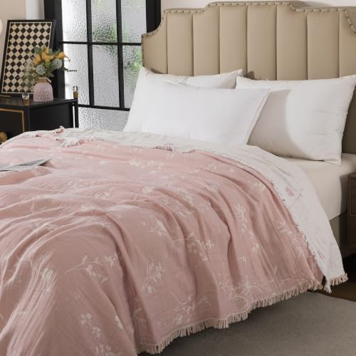 Lemfux 4-Layer 100% Cotton Muslin Cooling Blanket, Boho Floral Gauze Throw with Fringe, Ultra Soft Breathable Lightweight Bedspread Coverlet for Bed Sofa Couch (Pink-White Floral, 60"x80") - color: Pink-white Floral, size: 60"x80"