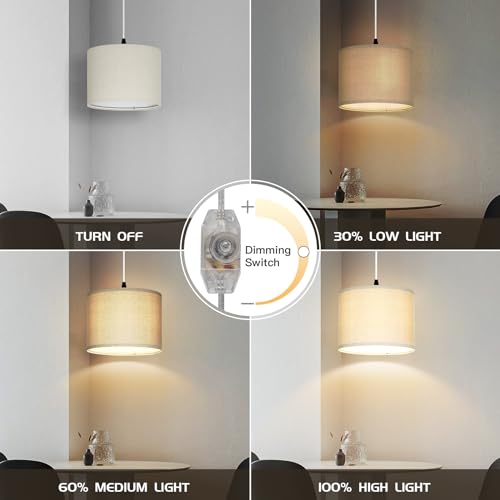 CINSARY Plug in Pendant Light, Hanging Light with Plug in Cord with Dimmable Switch, Hanging Lamp with 15 ft Clear Cord, Linen Pendant Light Fixture for Bedroom (Bulb Included) - color: Beige
