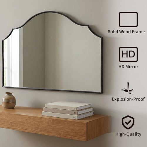 Besdomus Large Scalloped Black Mirror: 47"x31" Modern Minimalist Wood Frame Wall Mirror - Decorative Arched Fireplace for Bedroom/Bathroom/Dresser/Entryway/Mantle/Living Room - Stylish Home Decor - color: Black, size: 31"L x 47"W